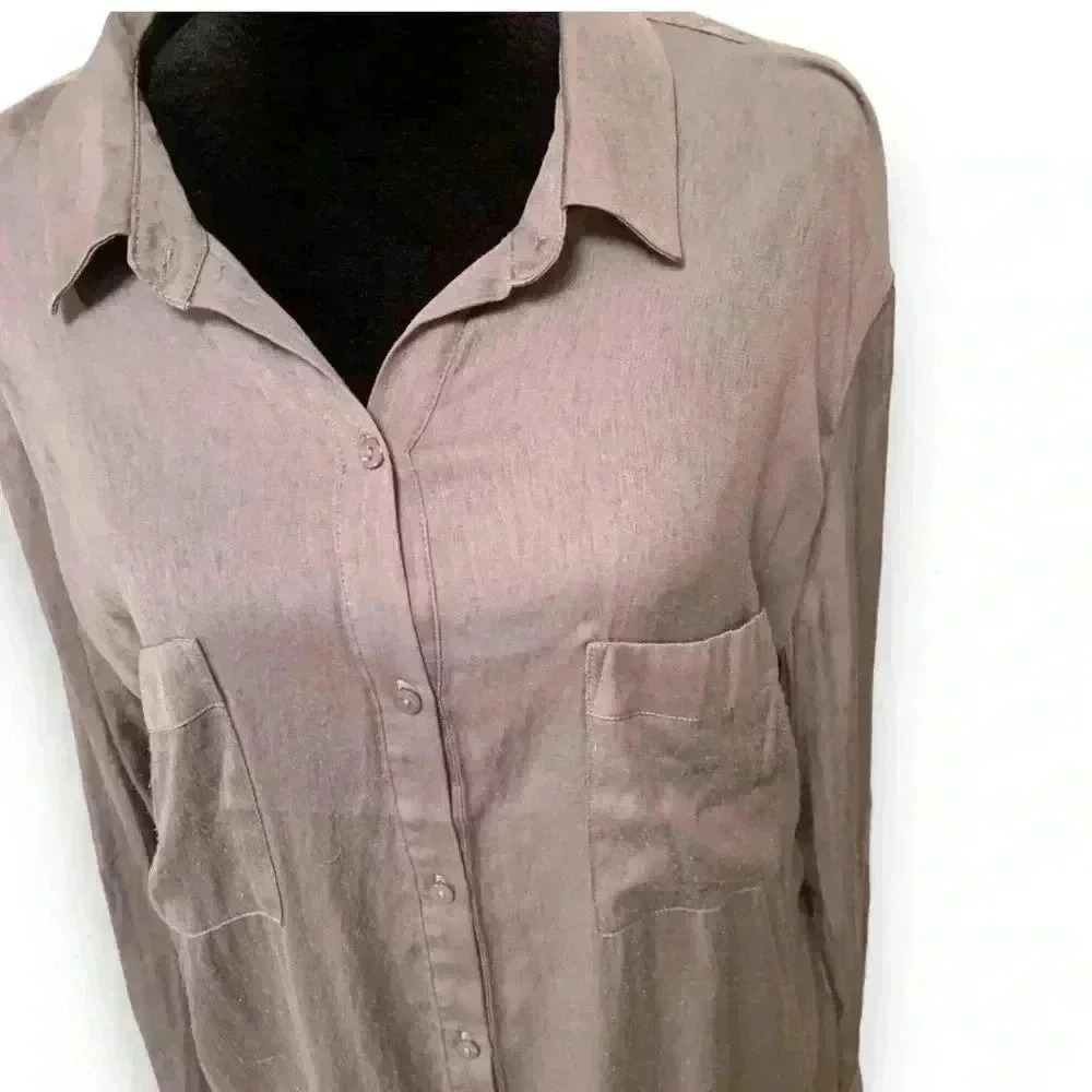 Ann Taylor Loft 2 Tone Gray Button Down Long Sleeve High Low Lightweight Blouse - Picture 4 of 10